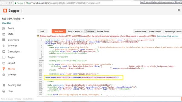 Paste Bing webmaster meta code in blogger html