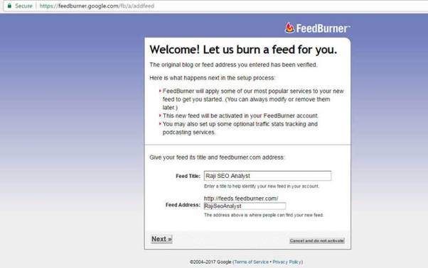 Feedburner Welcome Page